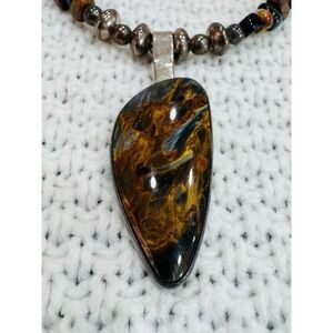 Everitt Sterling Silver Pietersite Pendant Beaded Necklace 18" Signed